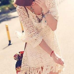 Fringed Crochet Cover Up Dress 3/4 Bell Sleeves XS